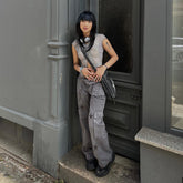 Street Retro Low Waist Denim Overalls Printed Large Pocket Straight Casual Pants